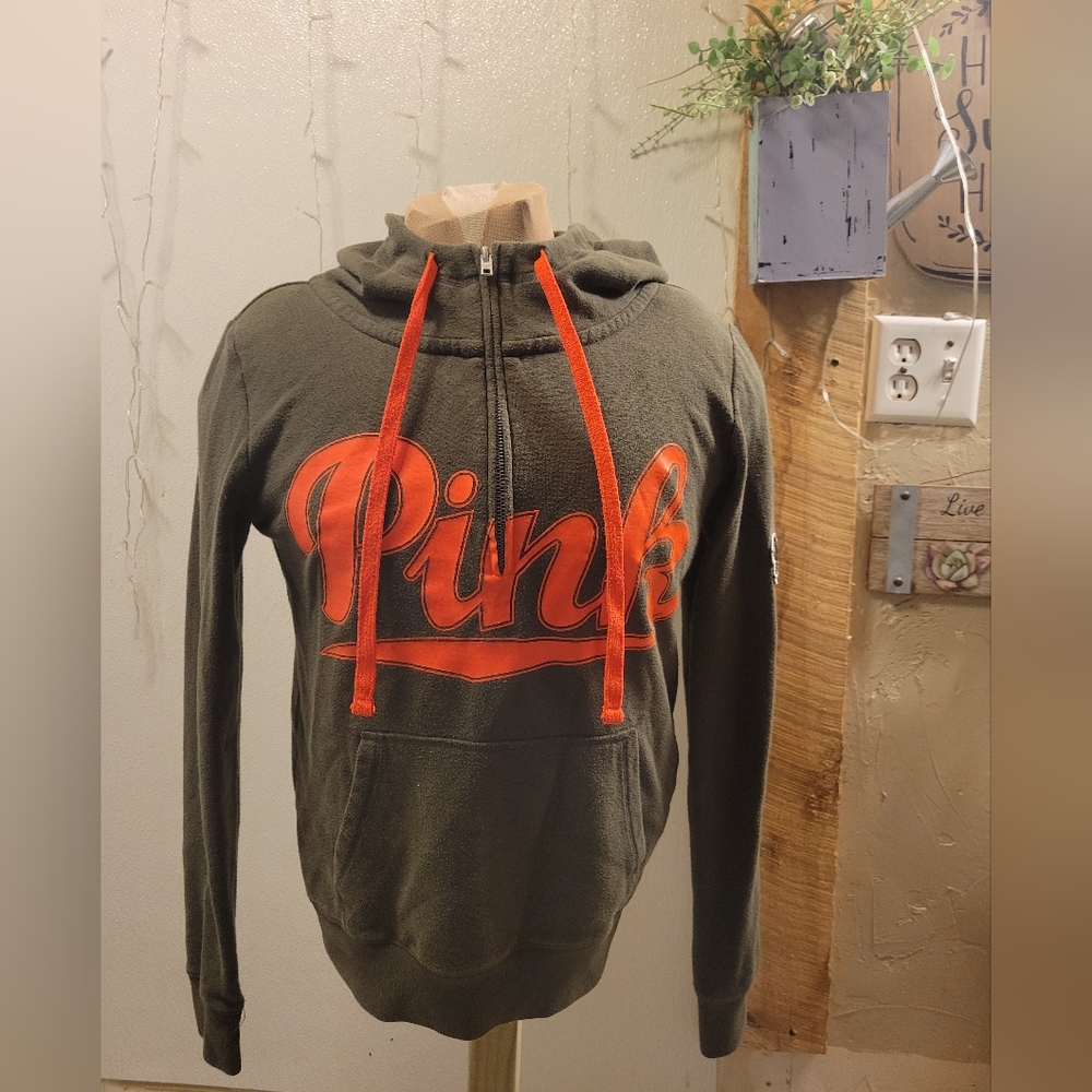 Victoria's Secret Olive Hoodie with Hunter Orange Pink Logo